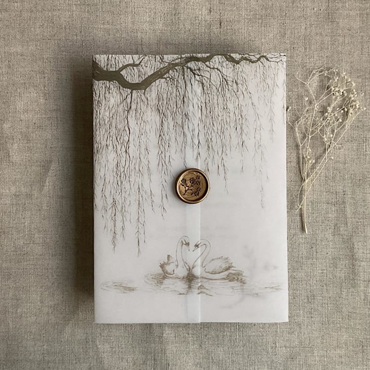 "Mocha willow and swan vellum vellum wrap for 5x7 card | pack of 10" - Invitation Jackets and Overlays in brown by Ivory Invitations