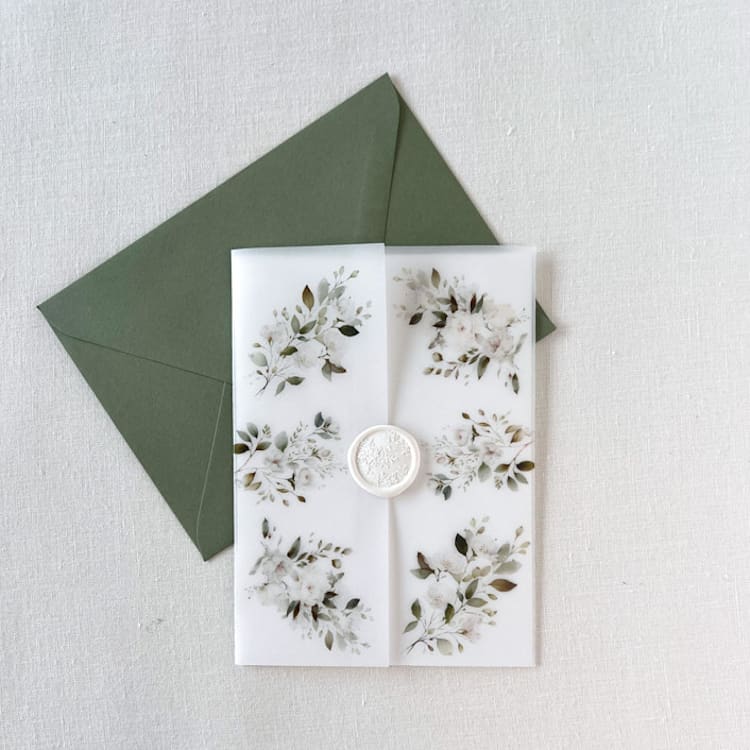 "White Neutral Wildflower Vellum Jacket for Wedding Invitations | Set of 10" - Invitation Jackets and Overlays in white by Eva Friesen
