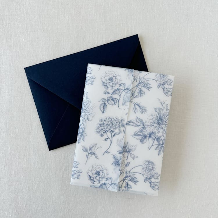 "French Blue Toile Vellum Jacket for Wedding Invitations & Cards (Set of 10)" - Invitation Jackets and Overlays in blue by Eva Friesen