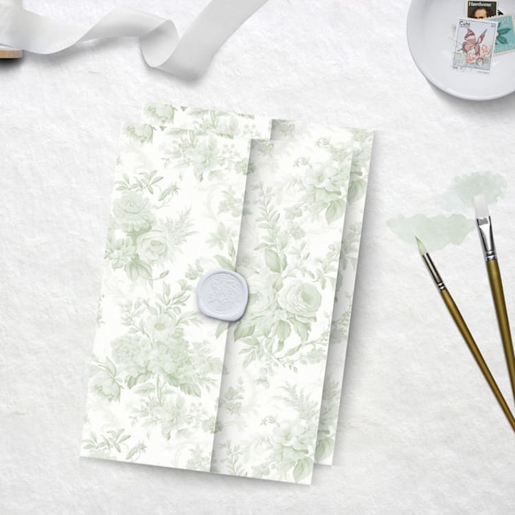 "Sage Toile Vellum Jacket for 5 x 7 Wedding Invitations and Cards" - Invitation Jackets and Overlays in green by Caroline Russo