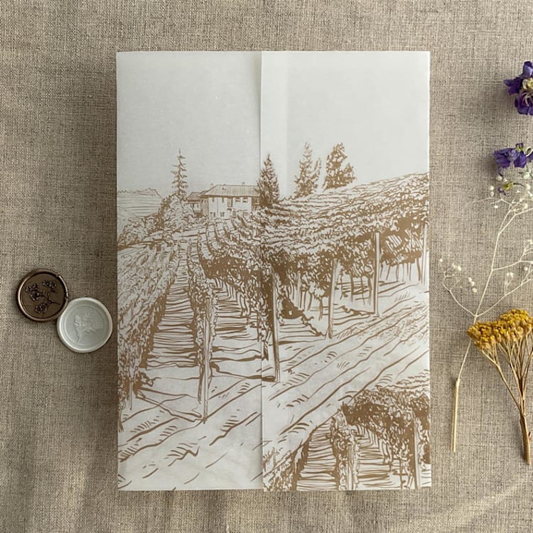 "Hazelnut vineyard landscape sketch printed vellum wrap for 5x7 card | pack of 10" - Invitation Jackets and Overlays in beige by Ivory Invitations