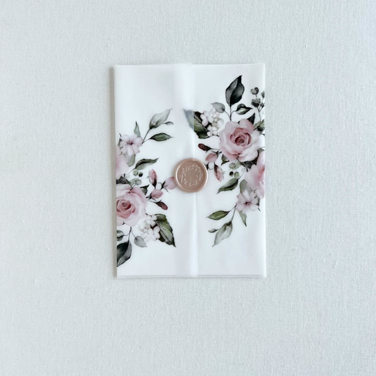 "Dusty rose floral vellum wedding wraps | Set of 10" - Invitation Jackets and Overlays in pink by Eva Friesen