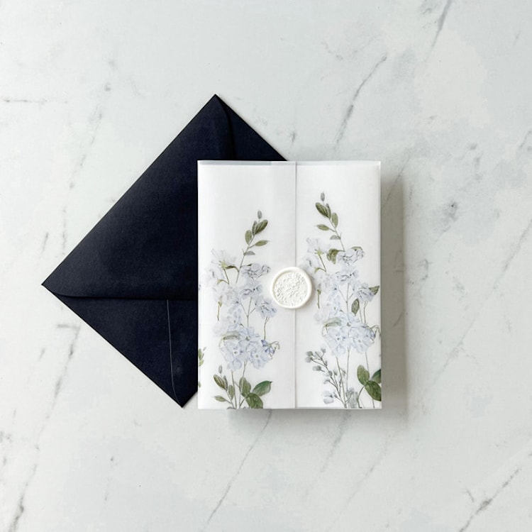 "Blue Floral and Greenery Vellum Jacket for Wedding Invitations | Set of 10" - Invitation Jackets and Overlays in blue by Eva Friesen
