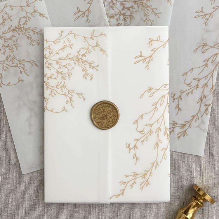 "Faux gold greenery vellum wrap for invitations | Set of 10" - Invitation Jackets and Overlays in gold by Orchid Studio