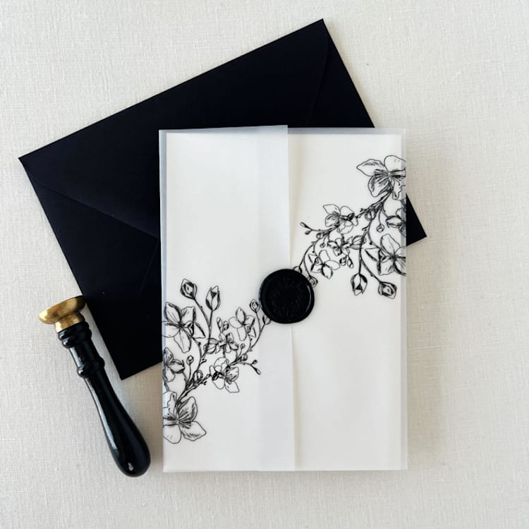 "Cherry Blossom Vellum Jacket | Set of 10" - Invitation Jackets and Overlays in black by Eva Friesen