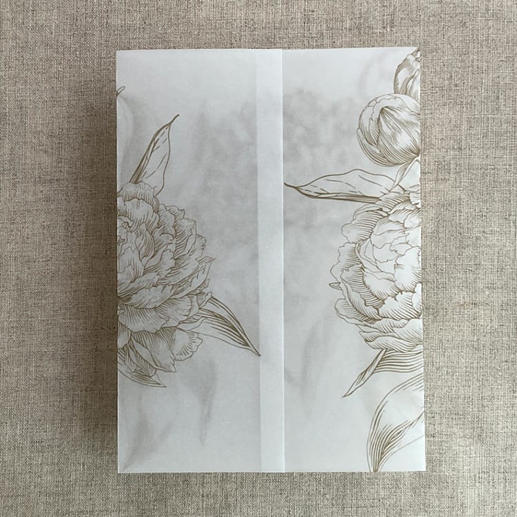 "Hazelnut etched grand peony floral printed vellum wrap for 5x7 card | pack of 10" - Invitation Jackets and Overlays in natural by Ivory Invitations