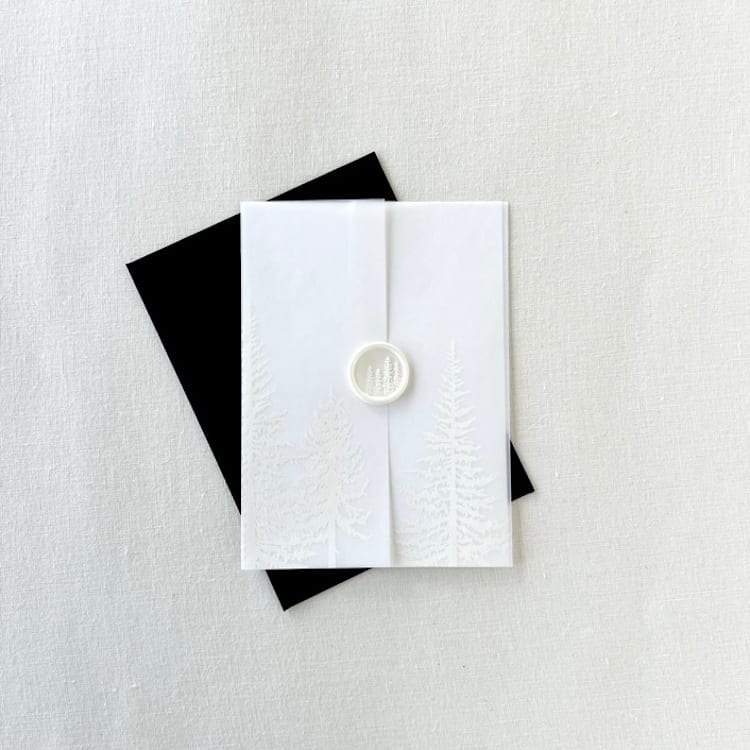 "White Ink Printed Pine Tree Vellum Jacket Wrap | Set of 10" - Invitation Jackets and Overlays in white by Eva Friesen