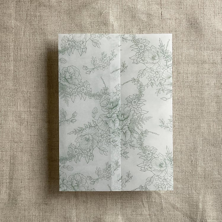 "Sage poppy floral toile printed vellum wrap for 5x7 card | pack of 10" - Invitation Jackets and Overlays in green by Ivory Invitations