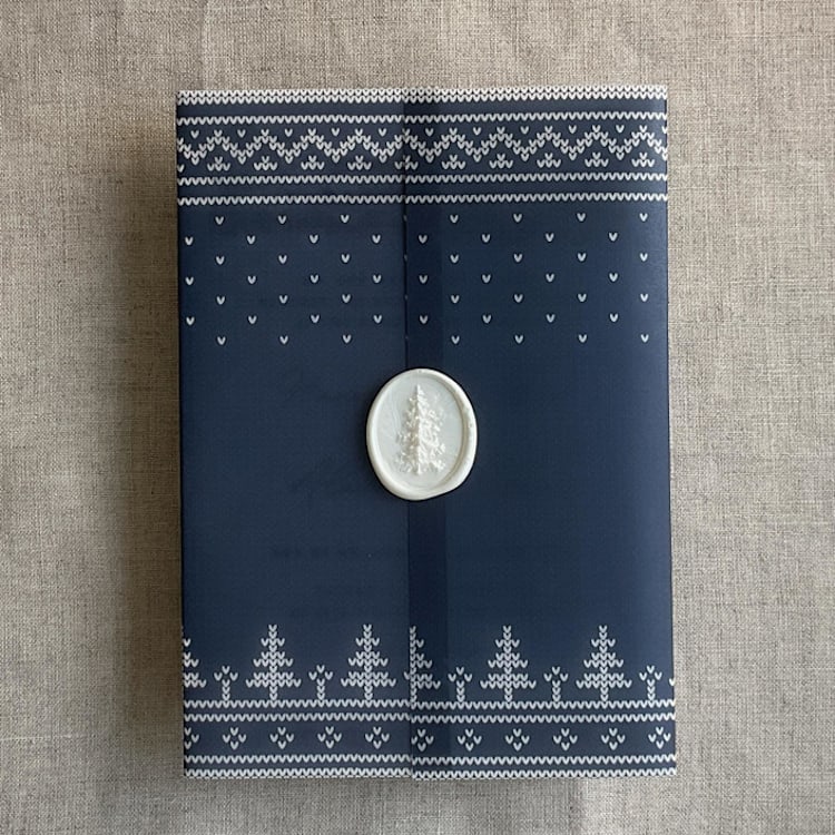 "Navy knitted holiday vellum wrap for 5x7 card | pack of 10" - Invitation Jackets and Overlays in blue by Ivory Invitations