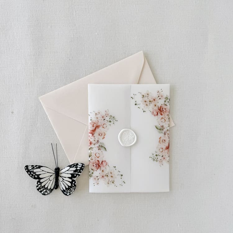 "Blush Pink, Peach Floral Wedding Invitation Vellum Jacket" - Invitation Jackets and Overlays in pink by Eva Friesen