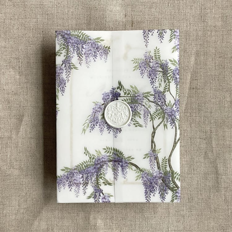 "Wisteria floral vellum wrap for 5x7 card | pack of 10" - Invitation Jackets and Overlays in purple by Ivory Invitations