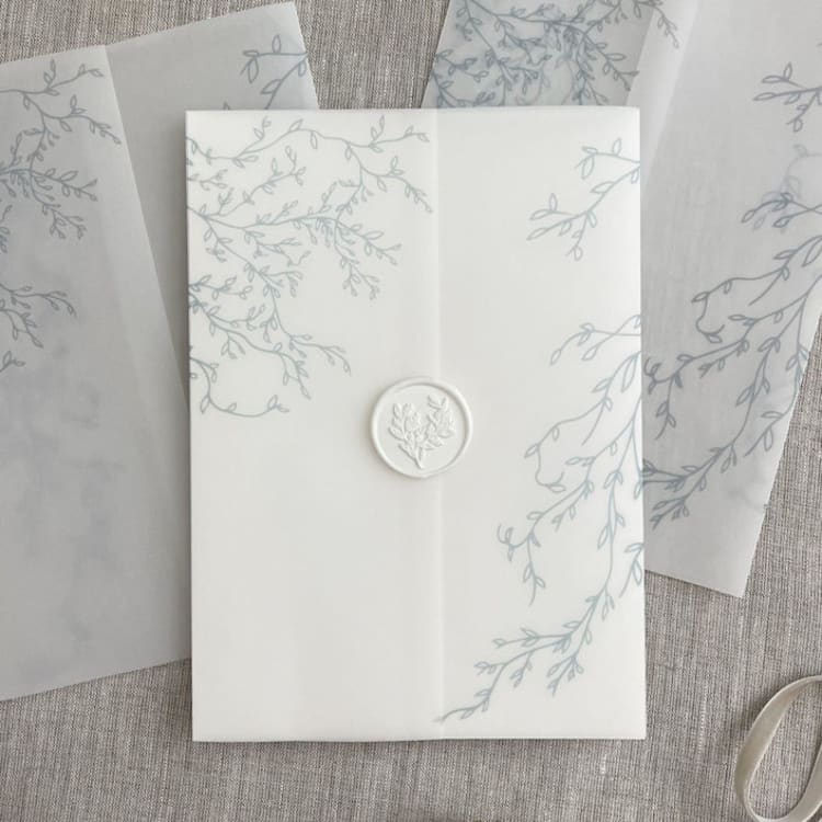 "Dusty blue greenery vellum wrap for invitations | Set of 10" - Invitation Jackets and Overlays in blue by Orchid Studio