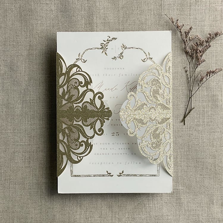 "Antique gold glitter lace wedding invitation Jacket for 5x7 cards | pack of 10" - Invitation Jackets and Overlays in gold by Ivory Invitations