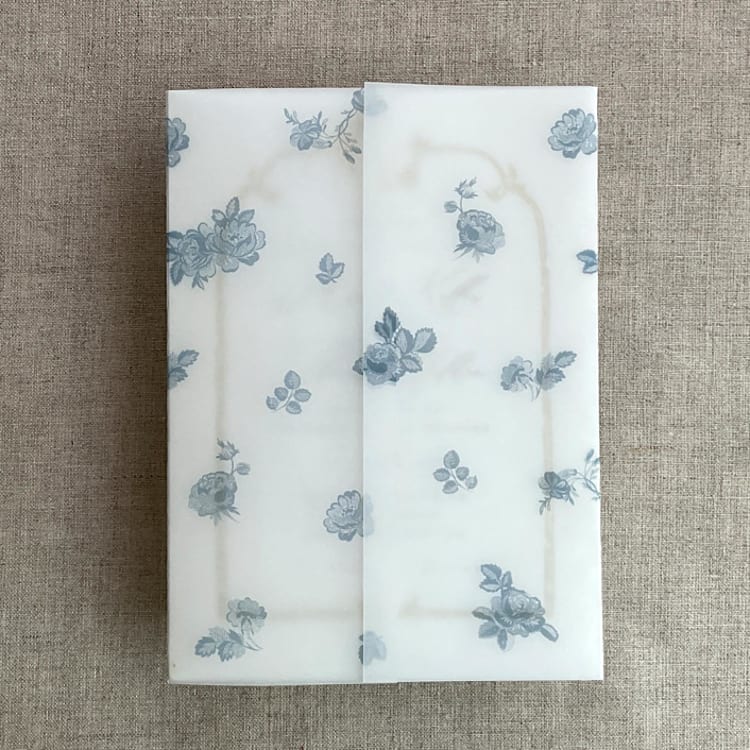 "Steel blue French roses lace floral printed vellum wrap for 5x7 card | pack of 10" - Invitation Jackets and Overlays in blue by Ivory Invitations
