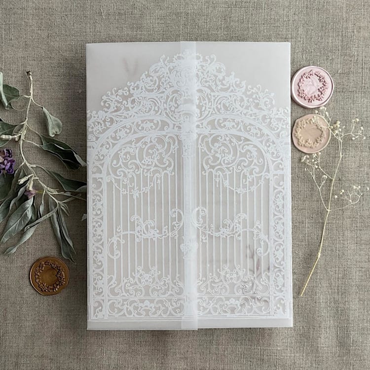 "White ink print Baroque style arched gate vellum wrap for 5x7 card | pack of 10" - Invitation Jackets and Overlays in white by Ivory Invitations