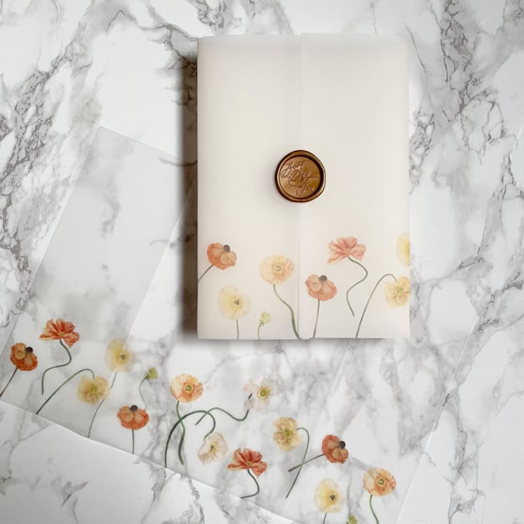 "Row of Poppies Vellum Jacket (10 pack)" - Invitation Jackets and Overlays in clear by Carley Zuercher