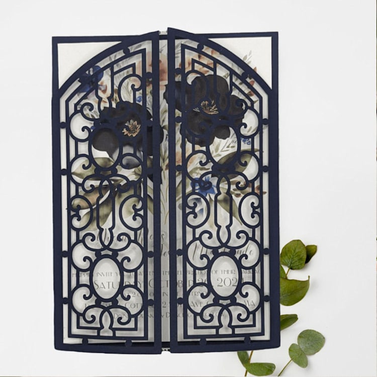 "Navy, Art Deco, Laser Cut Invitation Jacket, Qty 10" - Invitation Jackets and Overlays in blue by The Savage Label