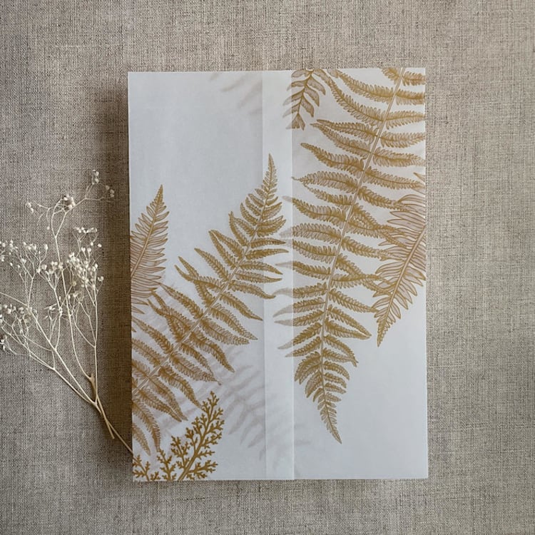 "Golden fern leaves greenery printed vellum wrap for 5x7 card | pack of 10" - Invitation Jackets and Overlays in gold by Ivory Invitations