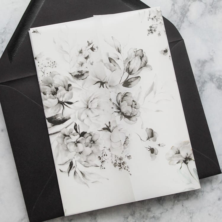 "Classic Black Floral Vellum Paper | Set of 10 Printed Vellum Jackets" - Invitation Jackets and Overlays in black by Nikki Turner