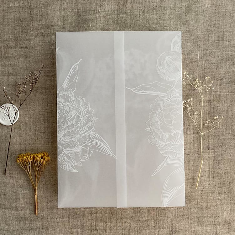"White ink print etched grand peony floral printed vellum wrap for 5x7 card | pack of 10" - Invitation Jackets and Overlays in white by Ivory Invitations