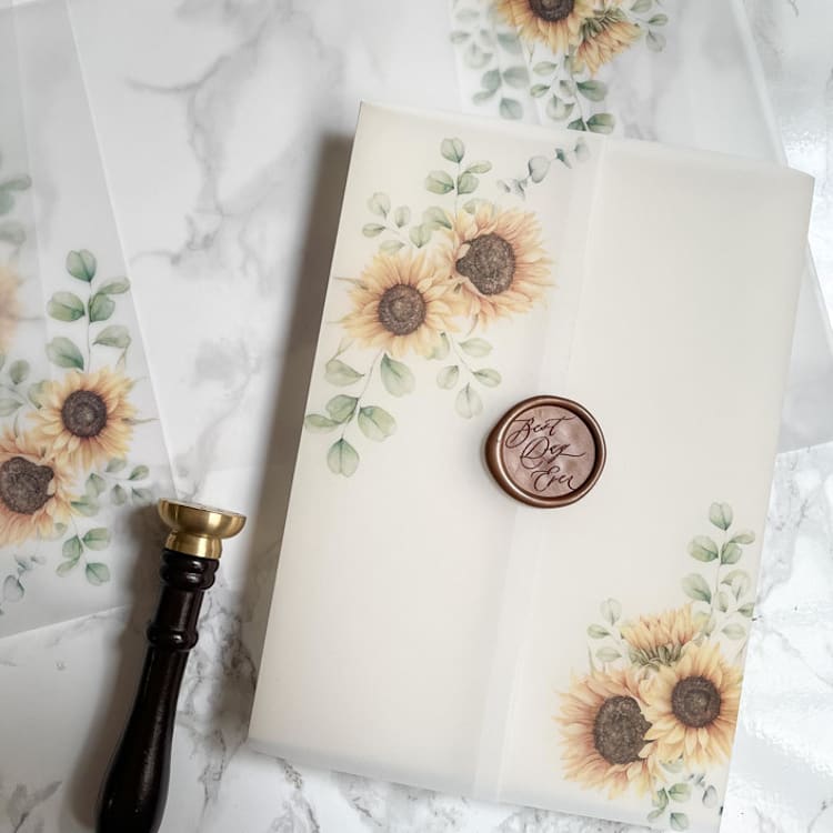 "Sunflower and Eucalyptus Vellum (10 pack)" - Invitation Jackets and Overlays in clear by Carley Zuercher