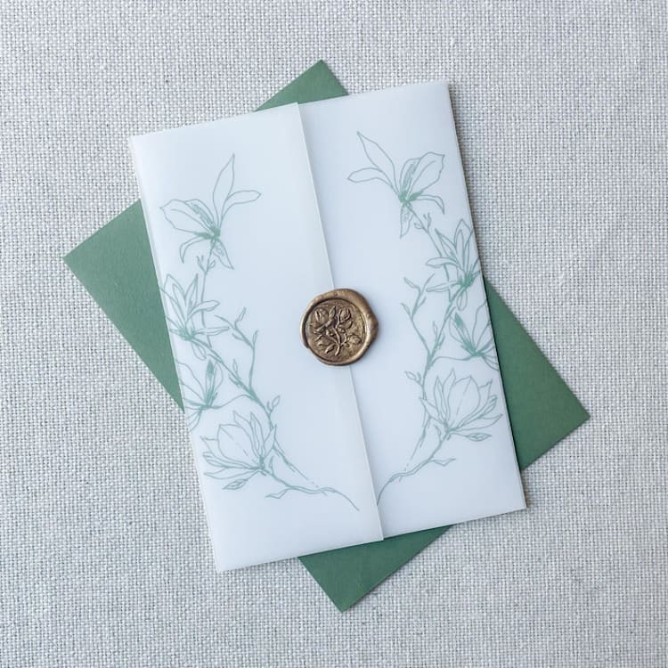 "Magnolia Branches Vellum Jackets | Set of 10 | Blue & Green Color Options" - Invitation Jackets and Overlays in multicolorassorted-colors by Megan Tendler