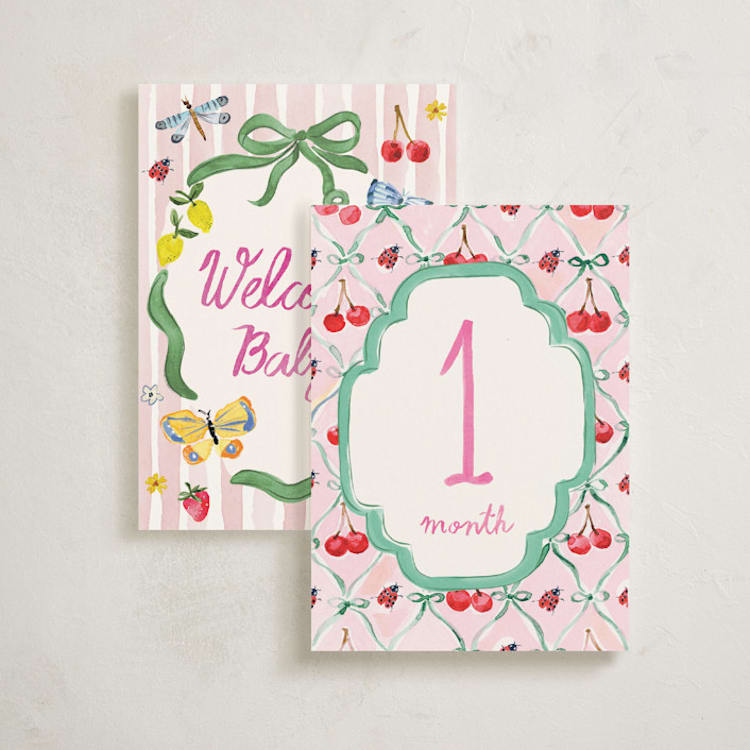"Bows, Buds & Wonder Ahead" - Baby Milestone Cards in Multi by Pati Cascino - Front