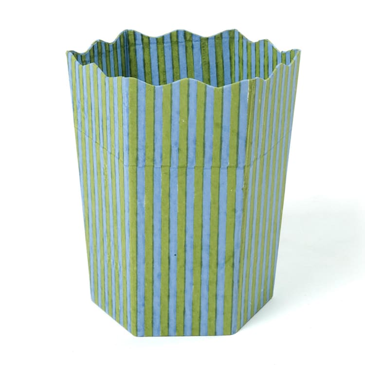 "Blockprint Scallop Waste Bin / Storage Bin in Green and Blue Stripes" - Decorative Storage in blue by Inner Child