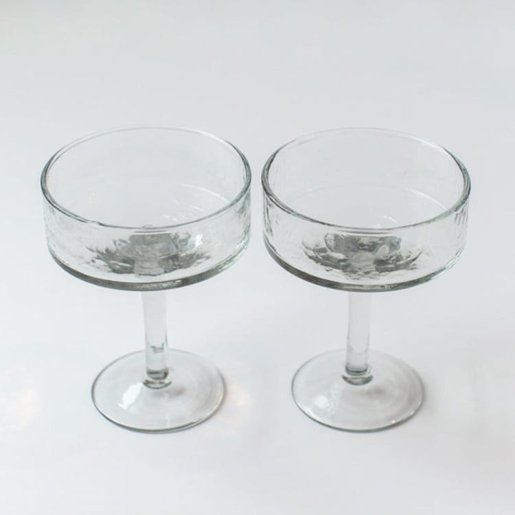 "Set of 4 Handblown Hammered Coupe Cocktail Glasses - Clear and Elegant" - Glassware in clear by Powered By People