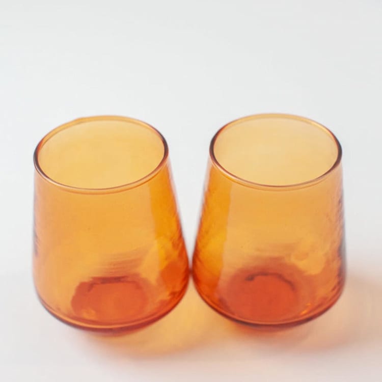 "Handblown Hammered Glass Water Tumbler - Amber - Set of 4" - Glassware in orange by Powered By People