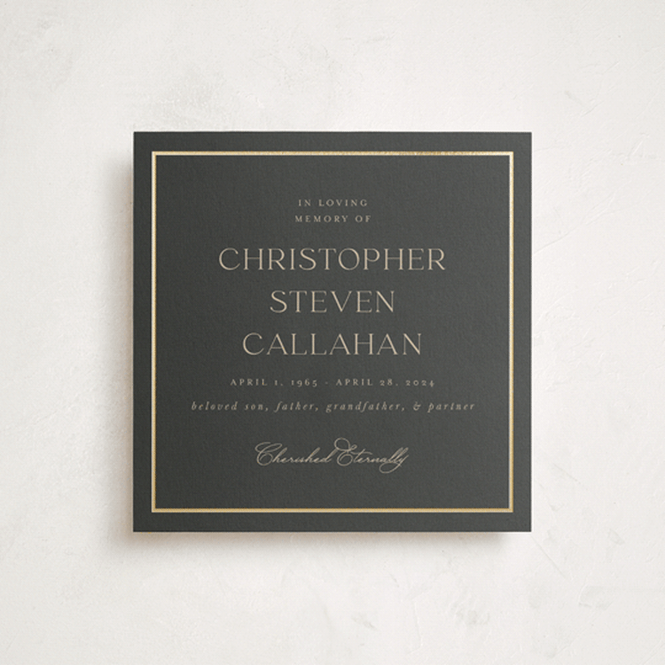 "Timeless Charm" - Foil Press Memorial Cards in Charcoal by Lucrecia Caporale - Front