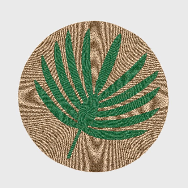 "Palm frond hand beaded placemat, green" - Placemats in green by Joanna Buchanan