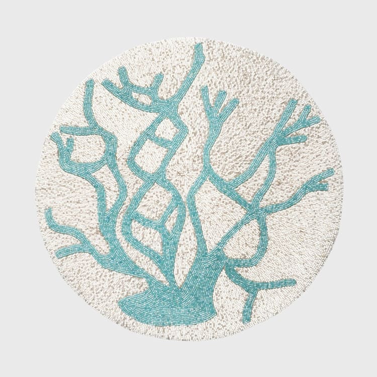"Delicate coral hand beaded placemat, turquoise" - Placemats in blue by Joanna Buchanan