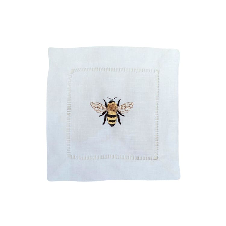 "Linen Cocktail Napkins Embroidered with Bespoke Bumble Bee Design - Set of 4" - Napkins in white by Virginia Marcello