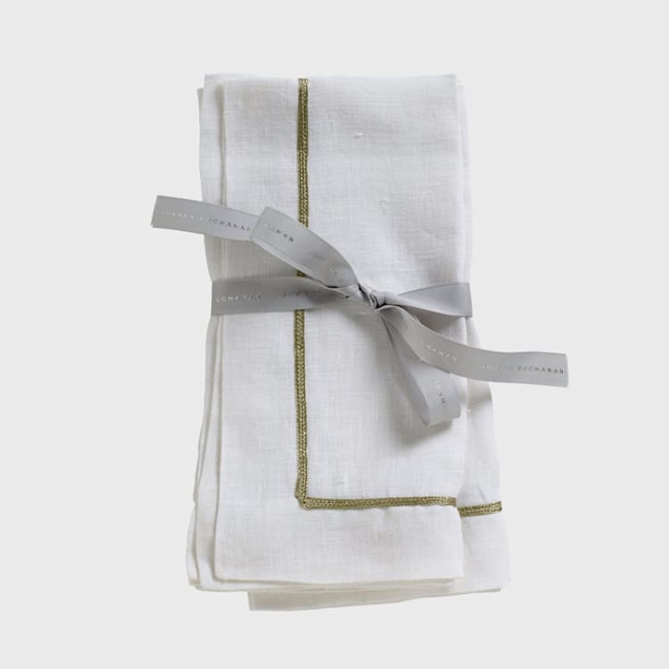"Gold trim linen dinner napkins, white, set of two" - Napkins in white by Joanna Buchanan