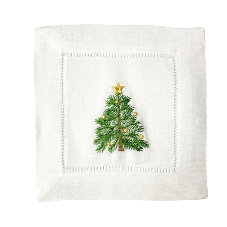 "Holiday Tree Embroidered Cocktail Napkins - Set of 4" - Napkins in white by Virginia Marcello