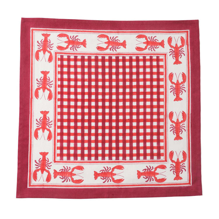 "Lobster Red Gingham Blockprint Napkins, Set of 4" - Napkins in red by Inner Child