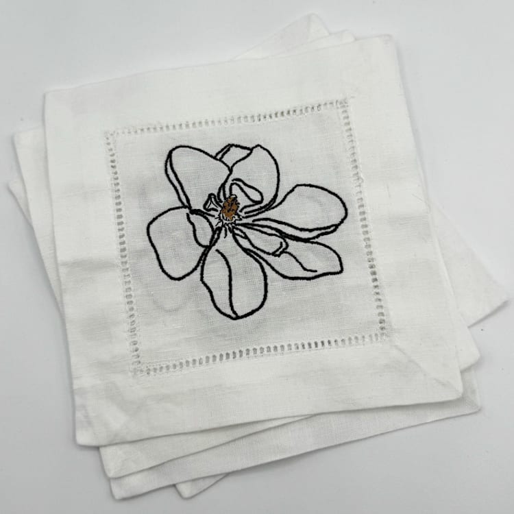 "Embroidered Linen Magnolia Cocktail Napkins, Set of 4" - Napkins in white by Ashley Myers