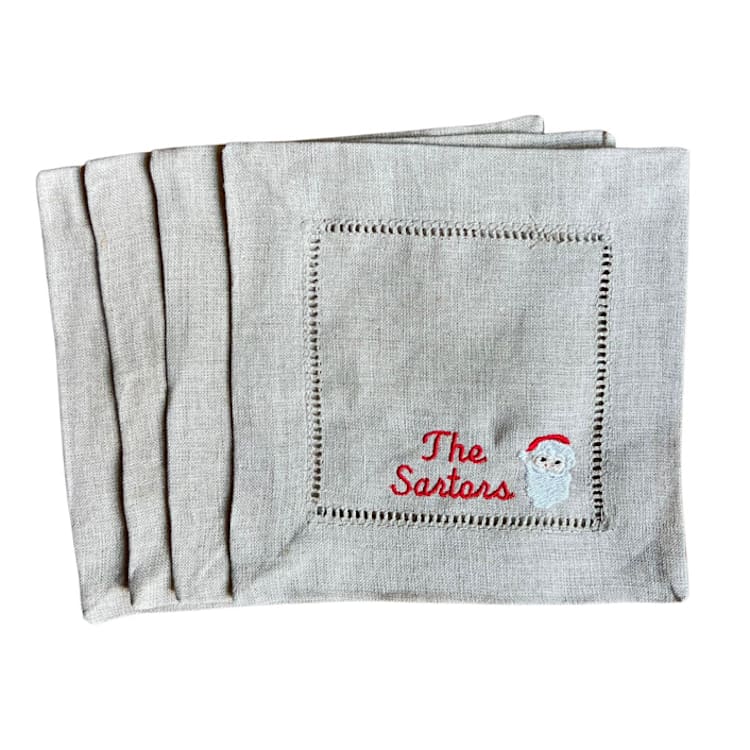 "Custom Embroidered Vintage Santa Cocktail Napkins Set of 4" - Napkins in beige by Virginia Marcello