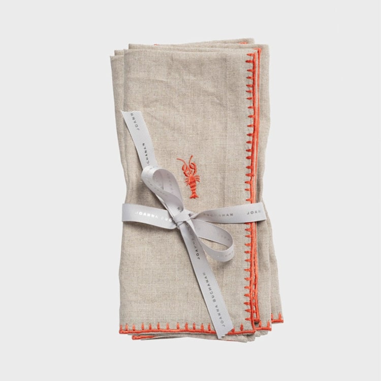 "Lobster embroidered dinner napkins, coral, set of two" - Napkins in orange by Joanna Buchanan