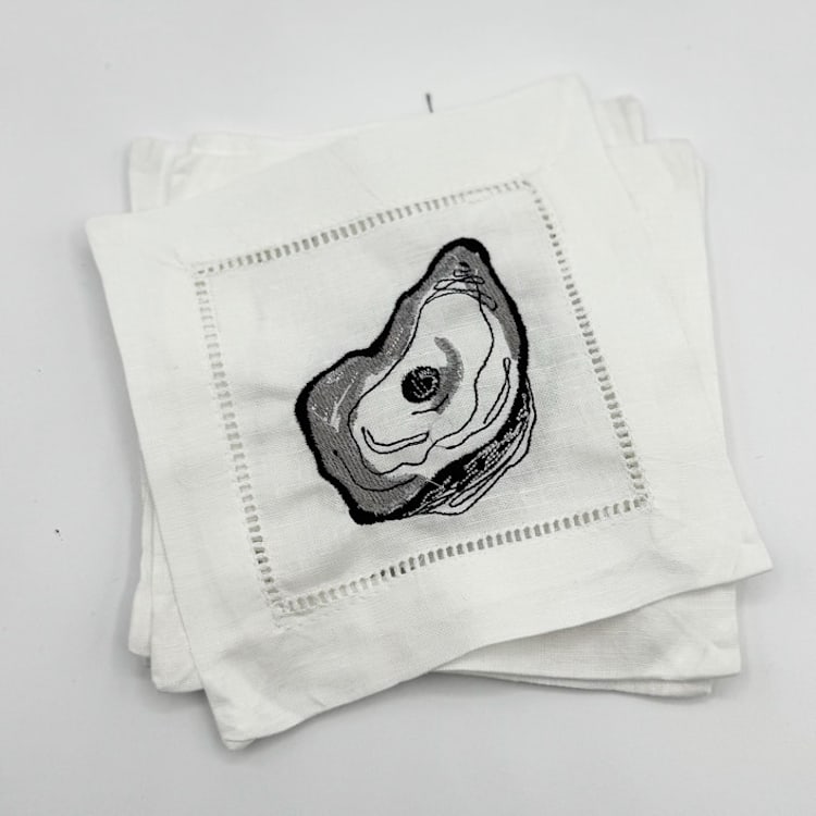 "Embroidered Linen Oyster Cocktail Napkins, Set of 4" - Napkins in white by Ashley Myers
