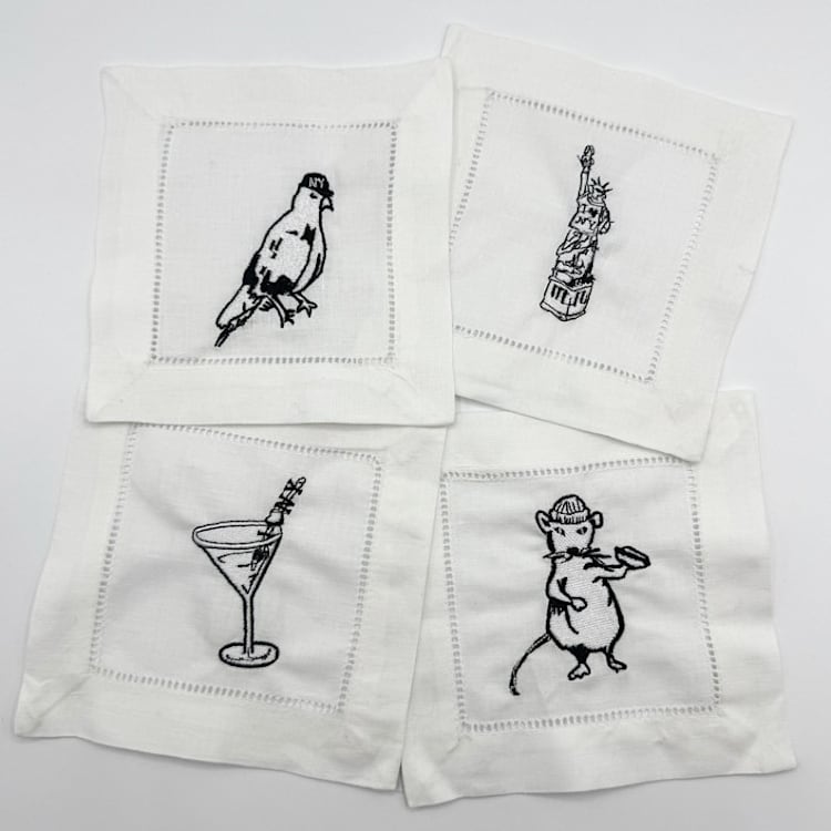 "Embroidered Linen NYC Cocktail Napkins, Set of 4" - Napkins in white by Ashley Myers
