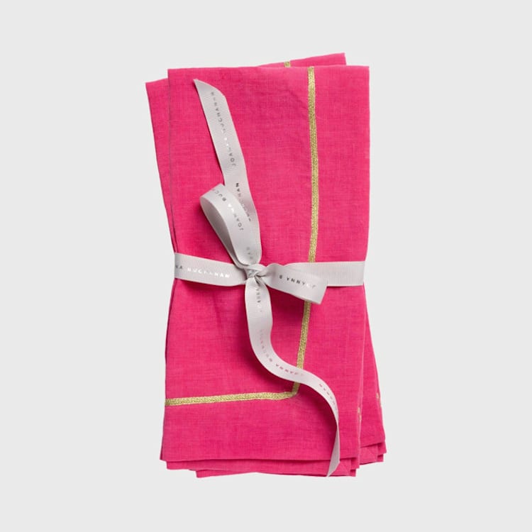 "Gold trim linen dinner napkins, bright pink, set of two" - Napkins in pink by Joanna Buchanan