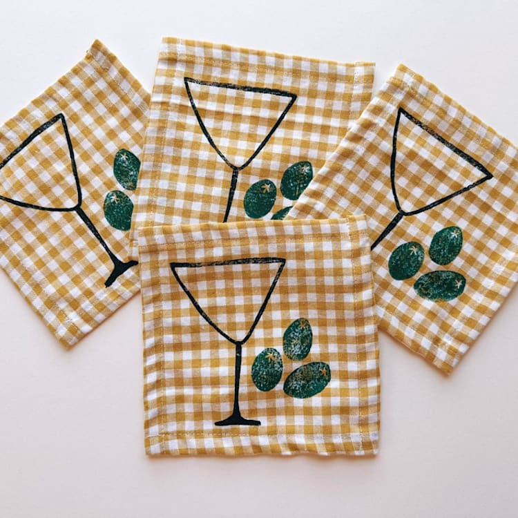 "Martini Cocktail Napkin Set" - Napkins in yellow by Julie Peach