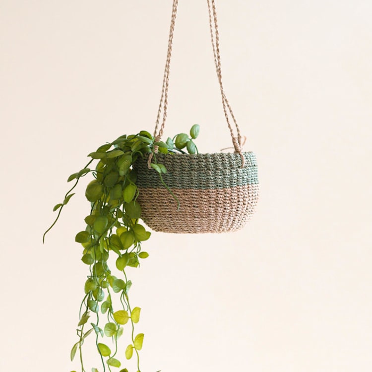 "Natural + Sage Round Hanging Planter" - Planters in green by LIKHA