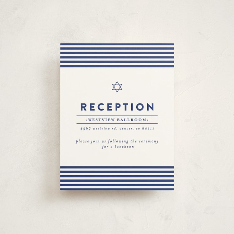 "Classic Stripes" - Mitzvah Reception Cards in Ocean by Melissa Egan of Pistols - Front