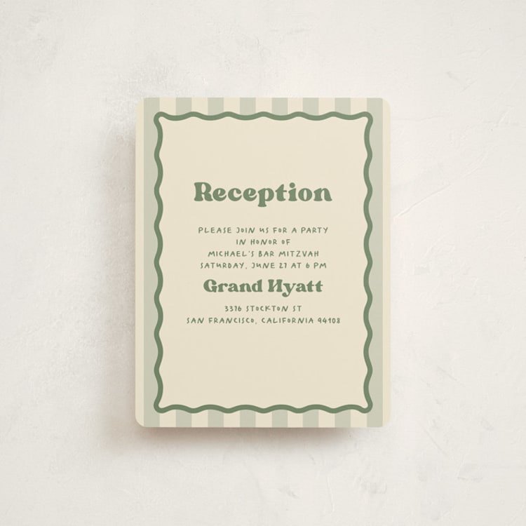 "Camp Mitzvah" - Mitzvah Reception Cards in Sage by Creo Study - Front