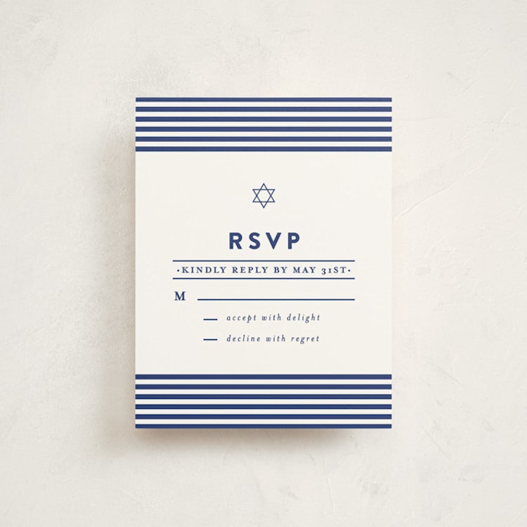 "Classic Stripes" - Mitzvah RSVP Cards in Ocean by Melissa Egan of Pistols - Front