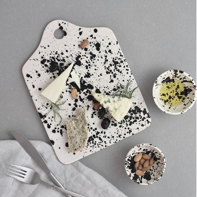 "Handmade Rock Ceramic Cheese Board - Black & White Splatterware" - Serving Platters and Trays in black by OWO Cerámica