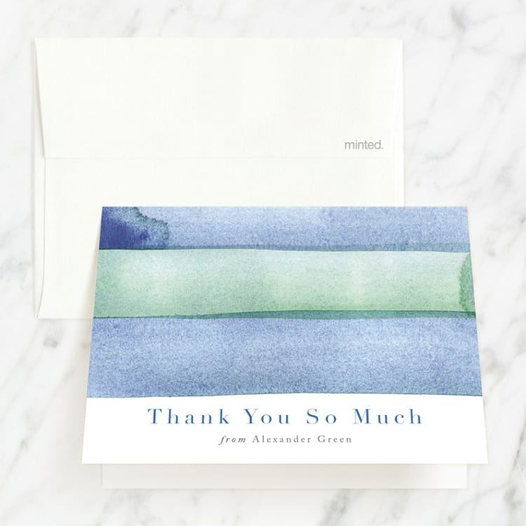 "Watercolor Stripes" - Mitzvah Thank You Cards in Ocean by Shannon Chen of Four Wet Feet Studio - Front